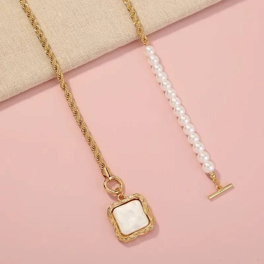 Pearl Toggle Necklace Gold White Square Pendant Rope Chain Bride Regence Party
